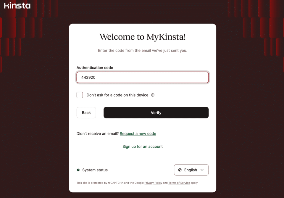 Ein Screenshot von einem MyKinsta-Login mit einem 2FA-Bestätigungscode.