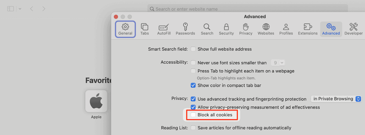 Les options de Safari relatives aux cookies.