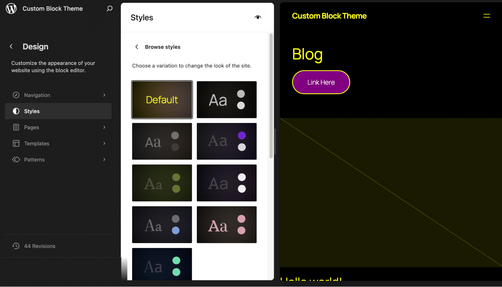 Tema hijo utilizando la variación de estilo por defecto en el Editor de Sitios.