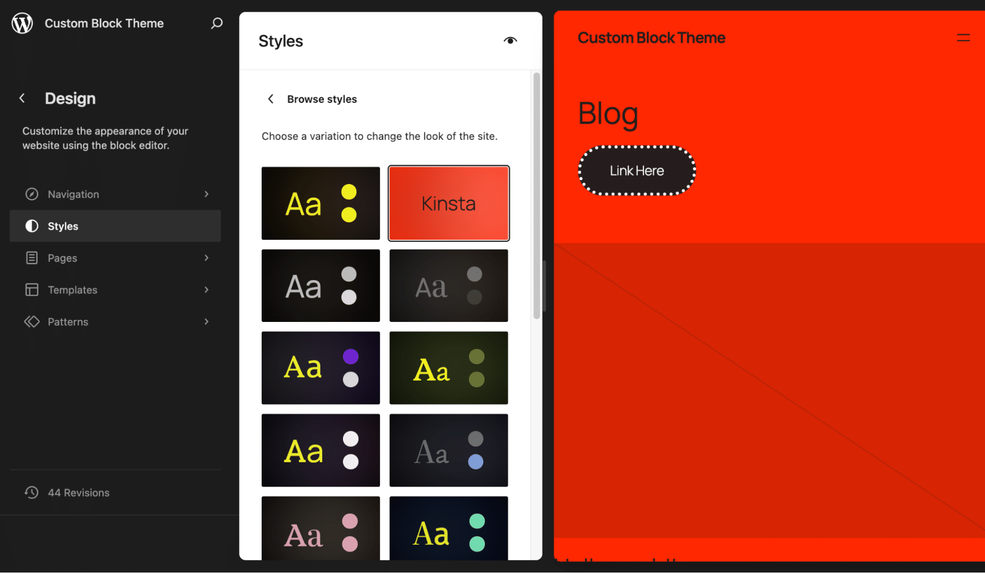 Nueva variación de estilo resaltada en la interfaz del Editor de Sitios.