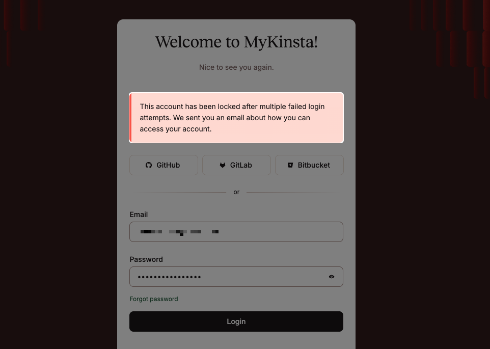 La notifica di blocco dell'account viene visualizzata nell'interfaccia di MyKinsta.
