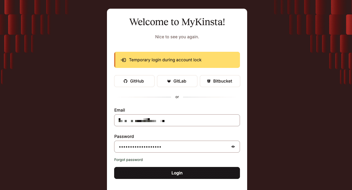 Pagina di login temporaneo per accedere a un account MyKinsta bloccato.