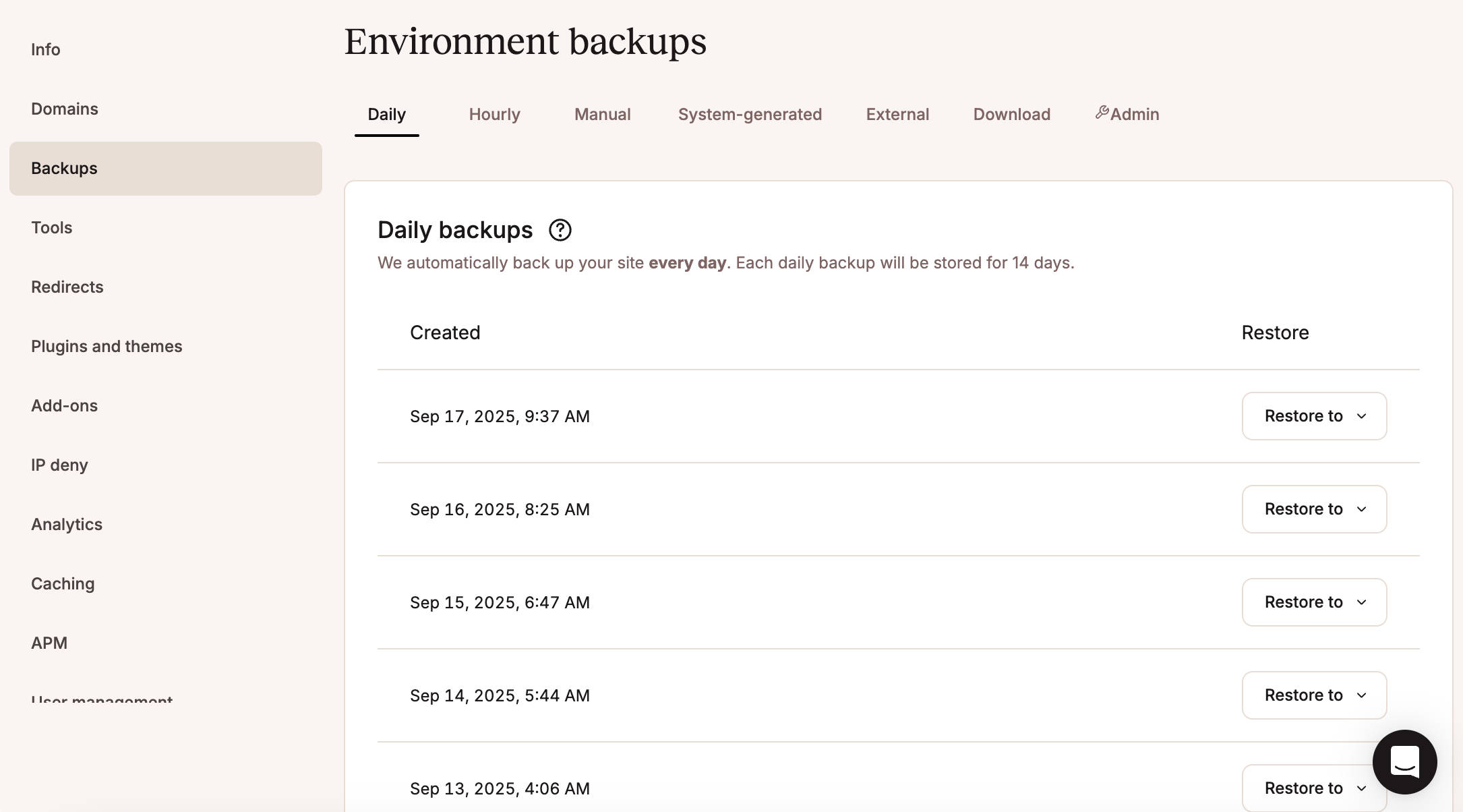 Alle Kinsta pakketten bevatten gratis dagelijkse backups met 1-klik herstel