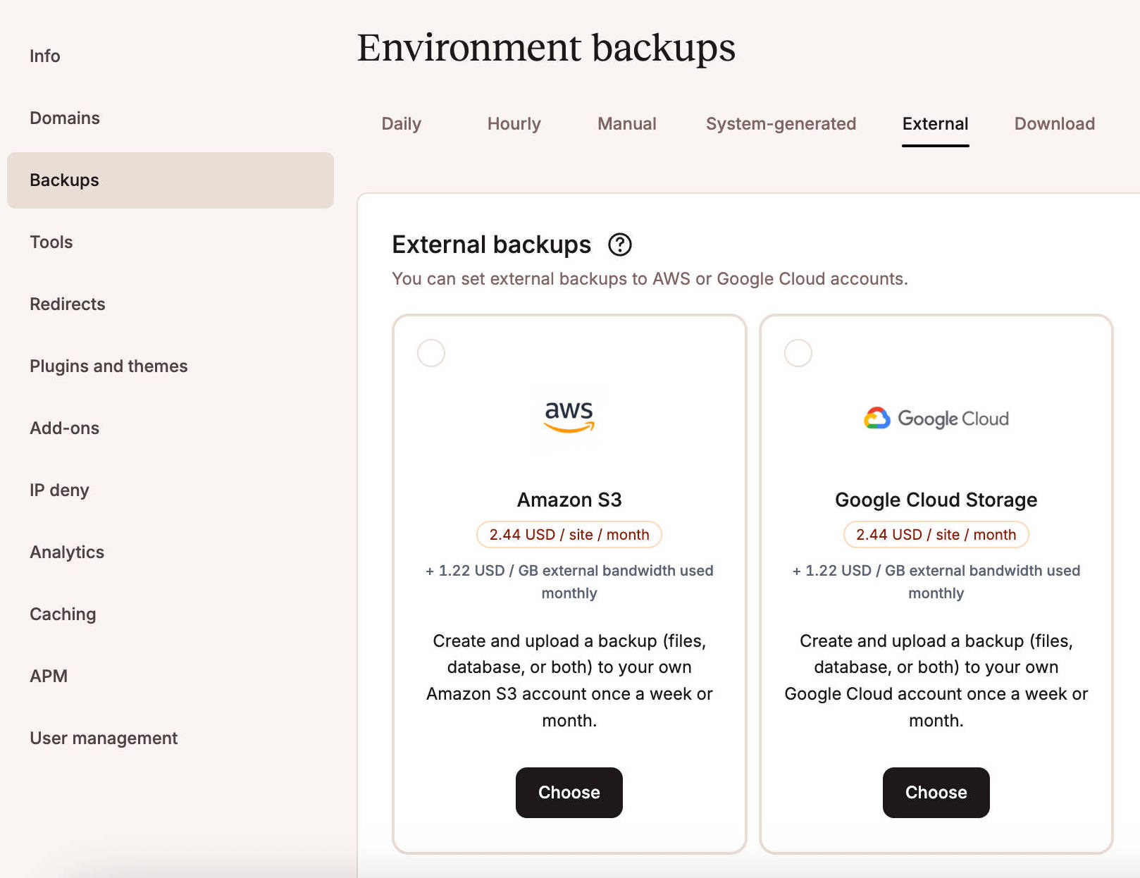 Externe backups zijn beschikbaar als add-on in MyKinsta