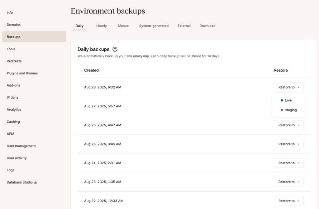 Een lijst met automatische backups in het MyKinsta dashboard.