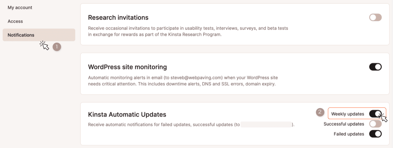 A screenshot showing the dialog for managing alerts from Kinsta Automatic Updates.