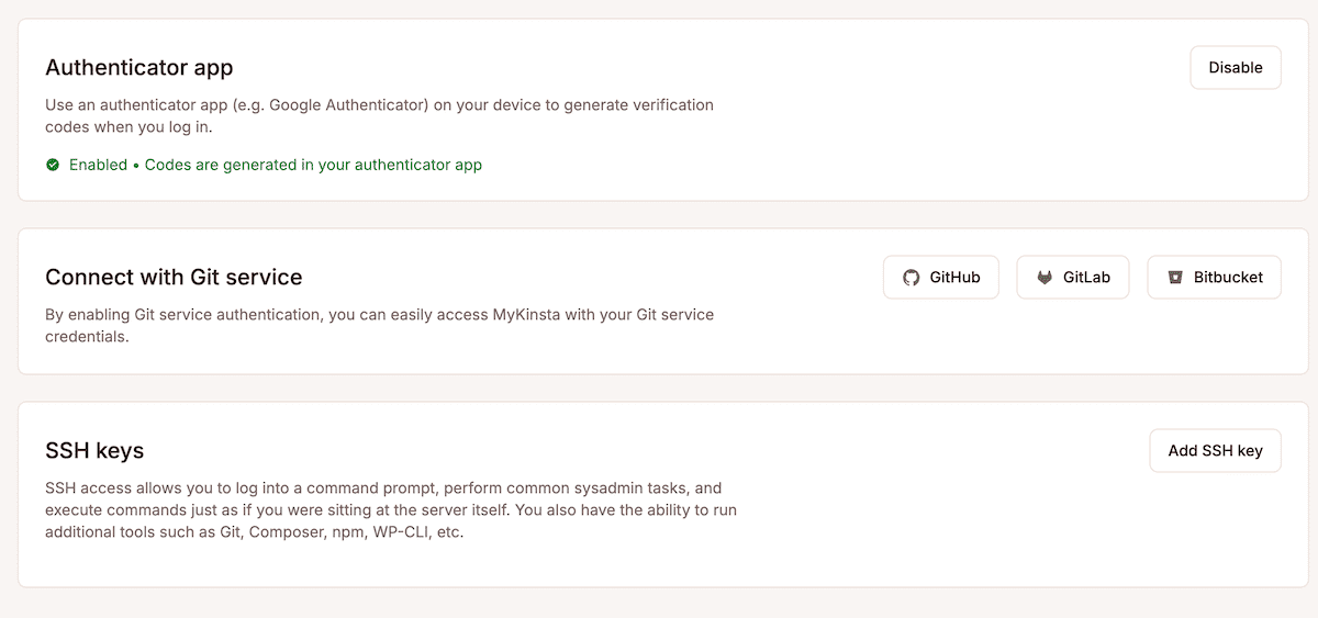 Le panneau Authenticator dans le tableau de bord MyKinsta.