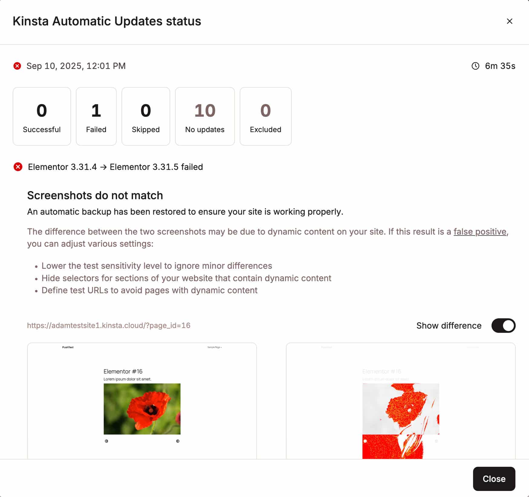 Mislukte automatische updates in MyKinsta