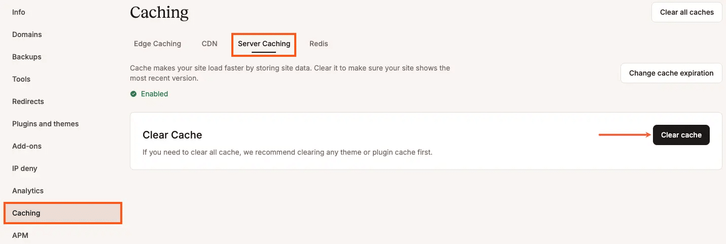 Caching settings in MyKinsta