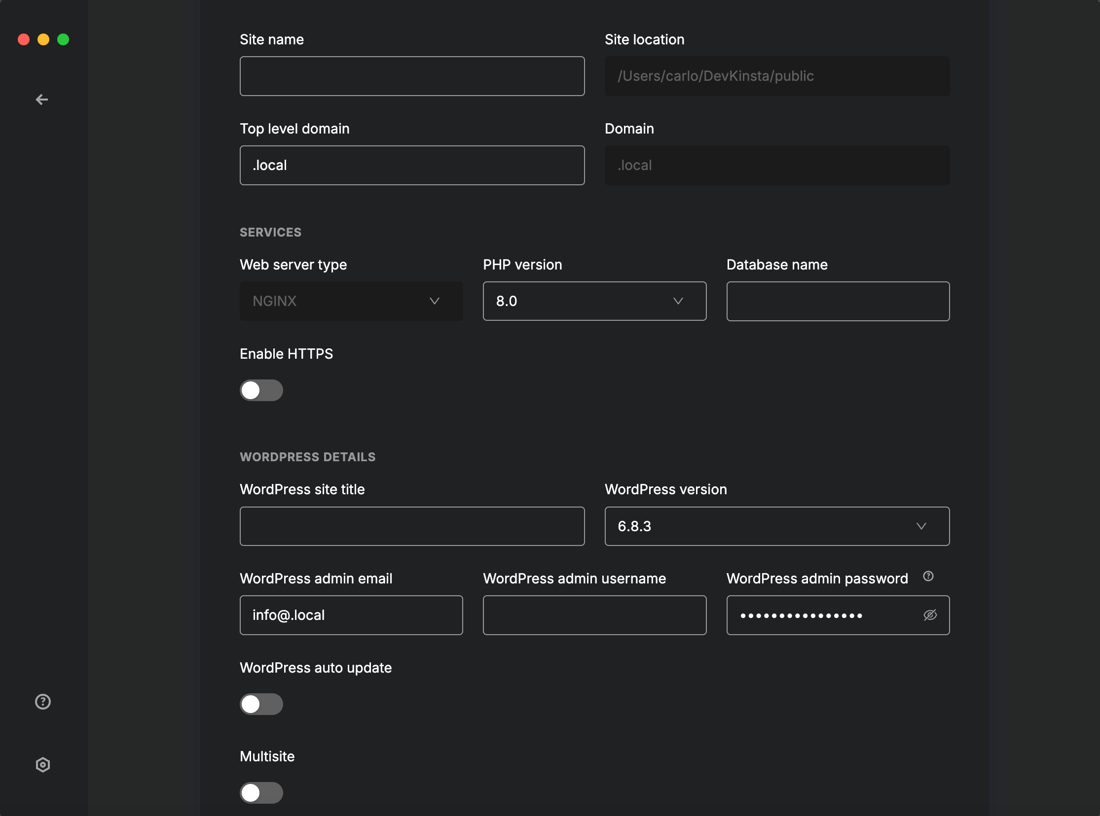 Configuration d'un site web local dans DevKinsta