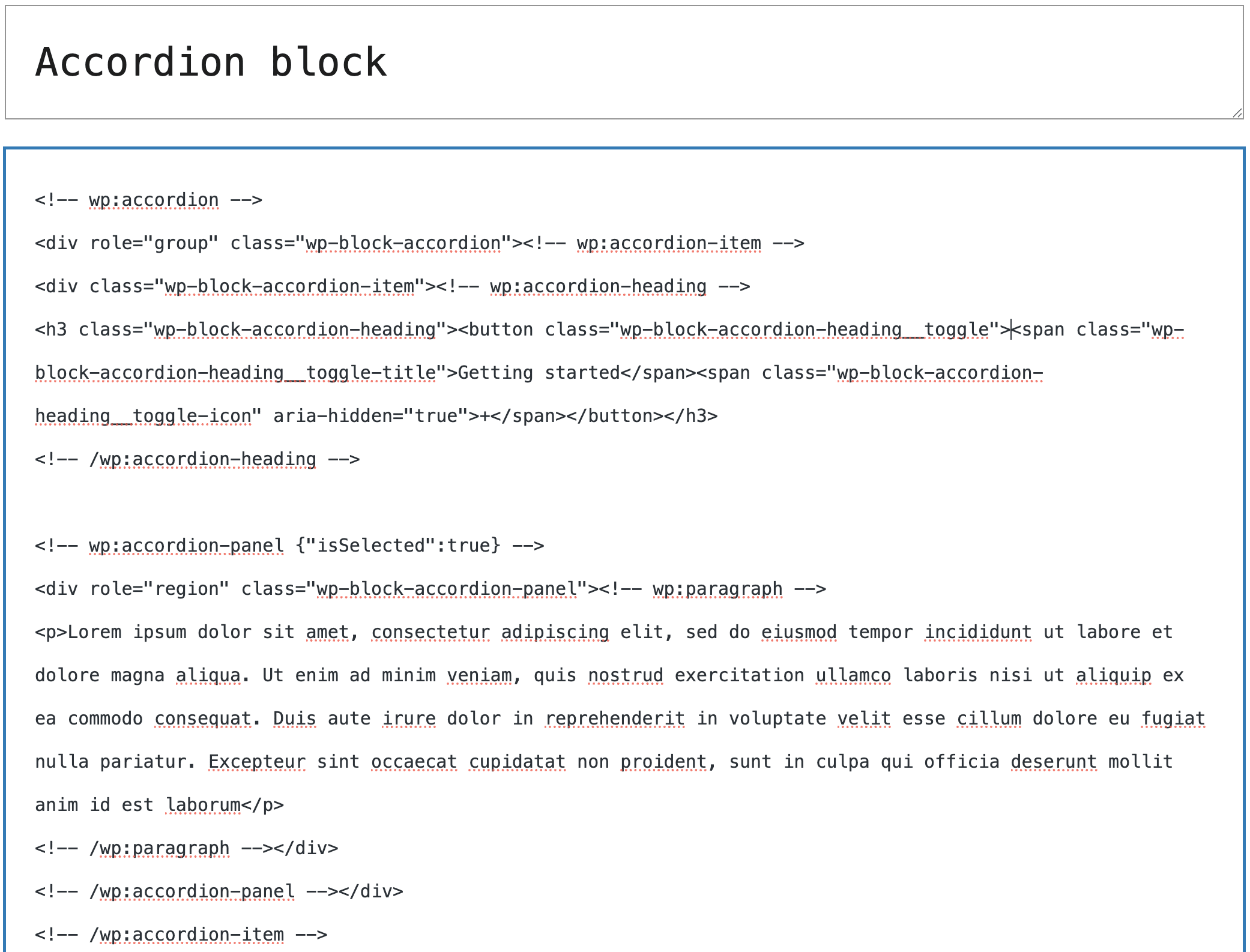 Un blocco Accordion nell'editor di codice.