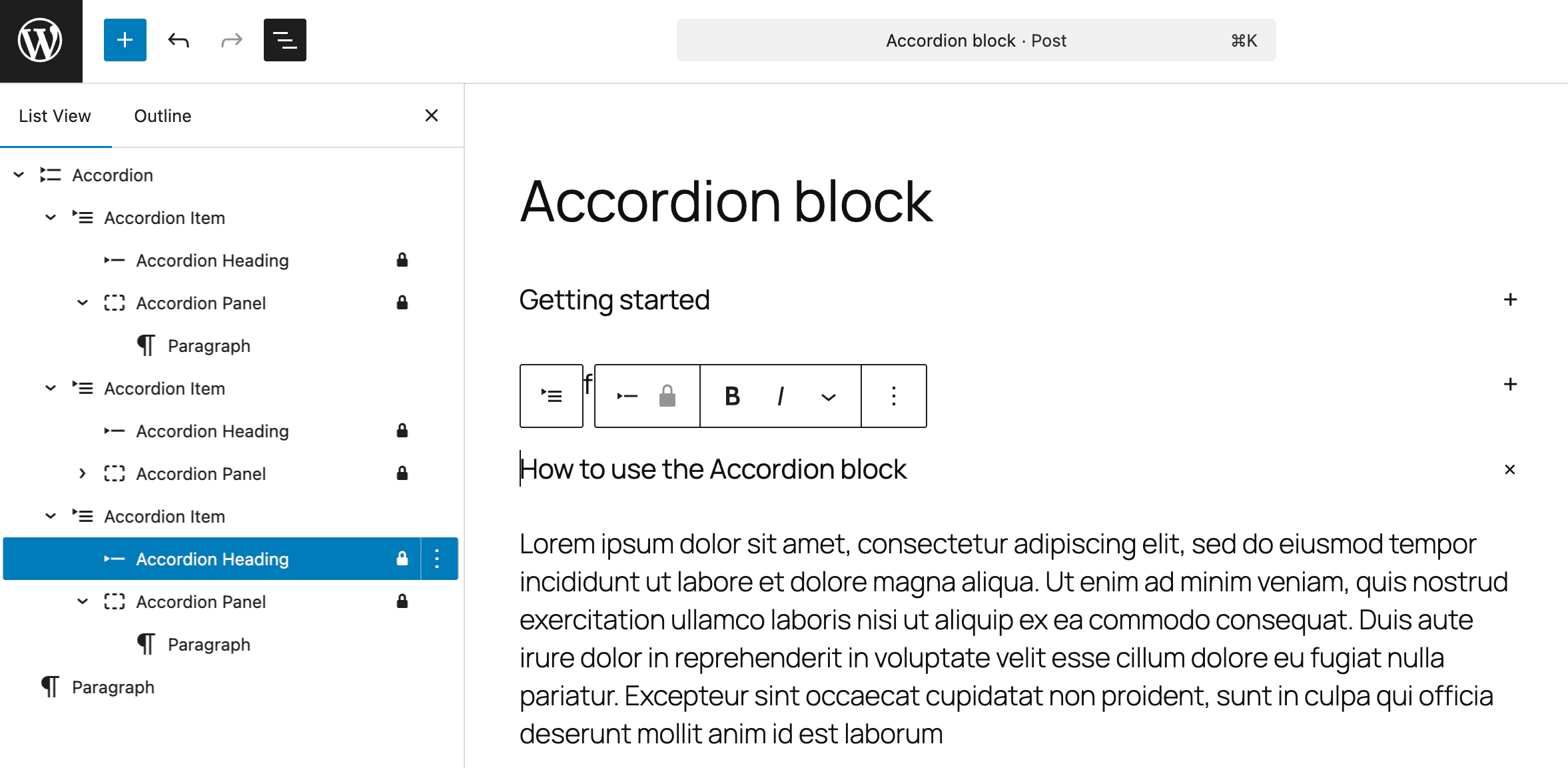 La struttura del blocco Accordion.