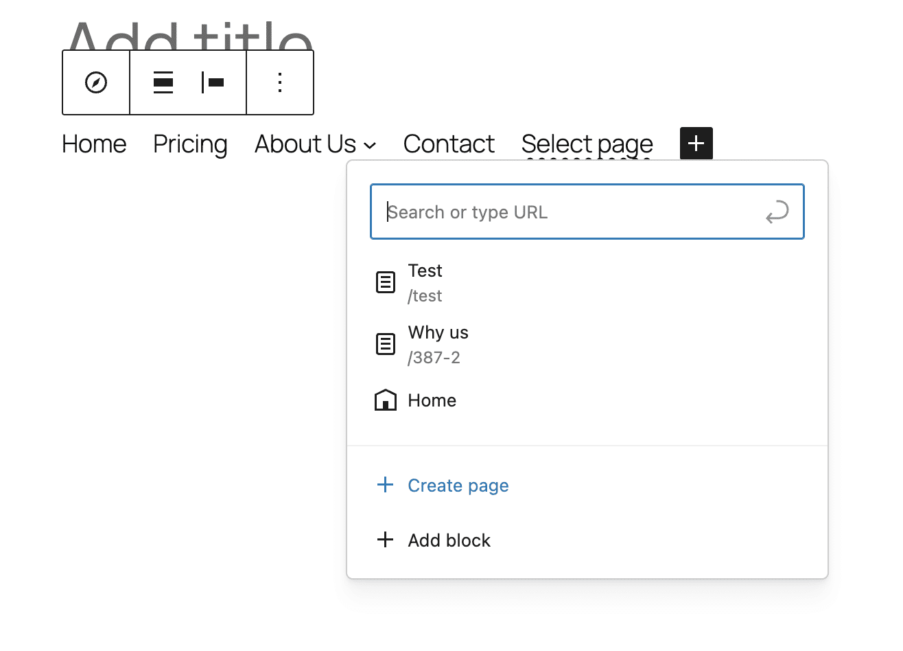 Creare pagina dall'interfaccia Link del blocco Link di navigazione