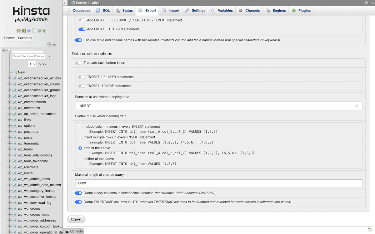 La interfaz phpMyAdmin de un sitio web Kinsta mostrando el cuadro de diálogo Exportar y una lista de tablas de la base de datos.