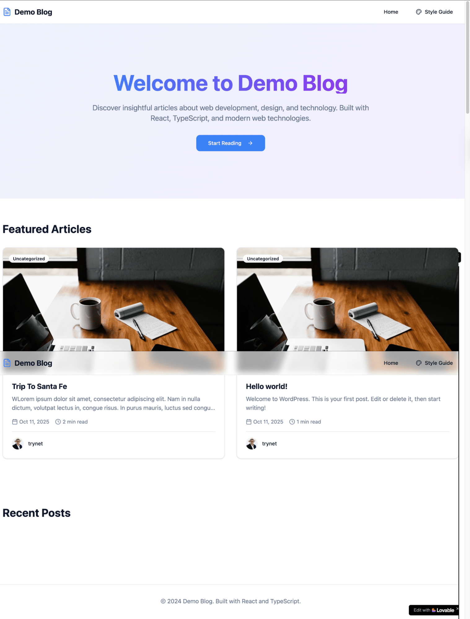 Voorbeeld van een headless WordPress-blog, aangedreven door Lovable’s frontendframework.