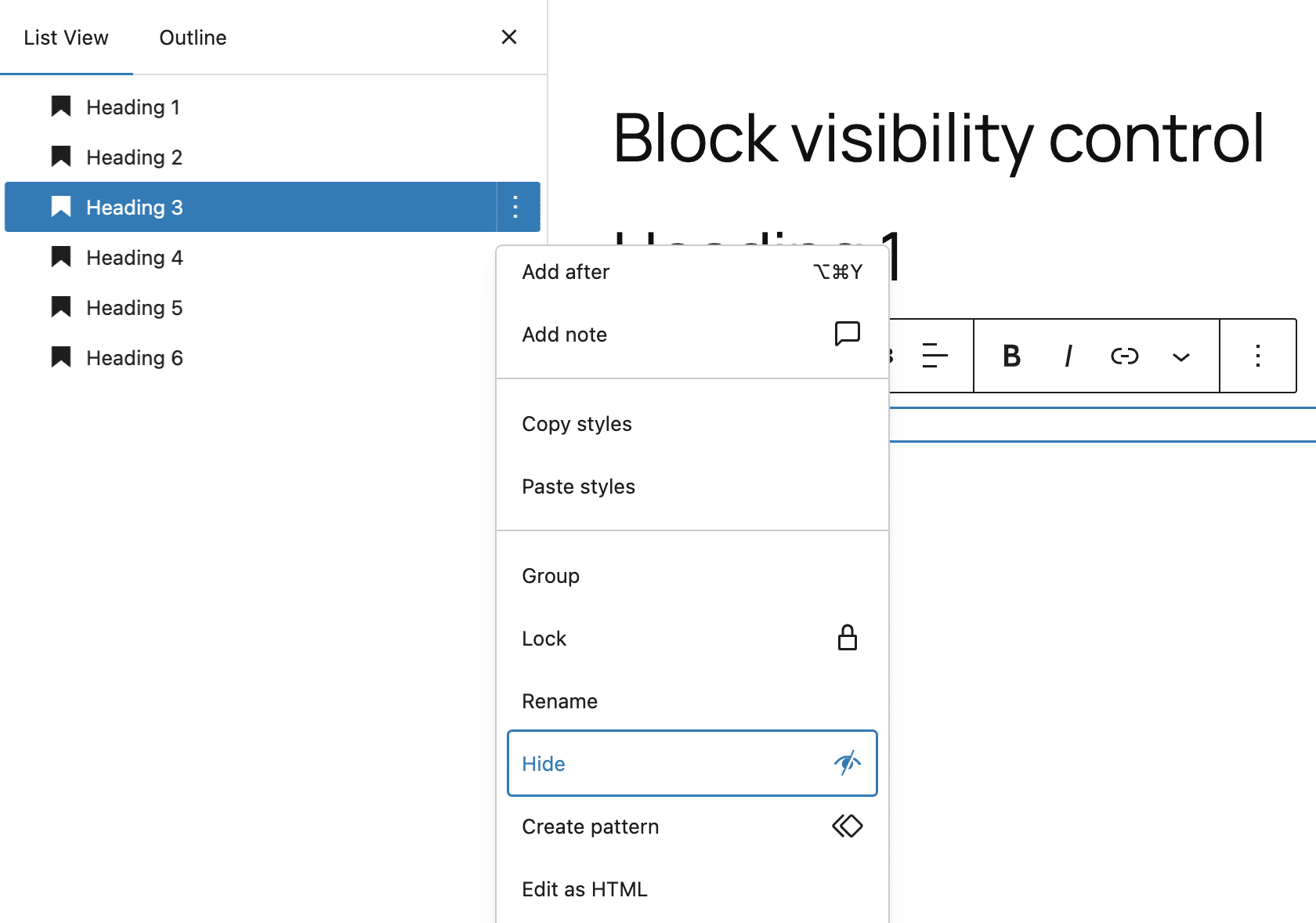 Nascondere i blocchi WordPress 6.9