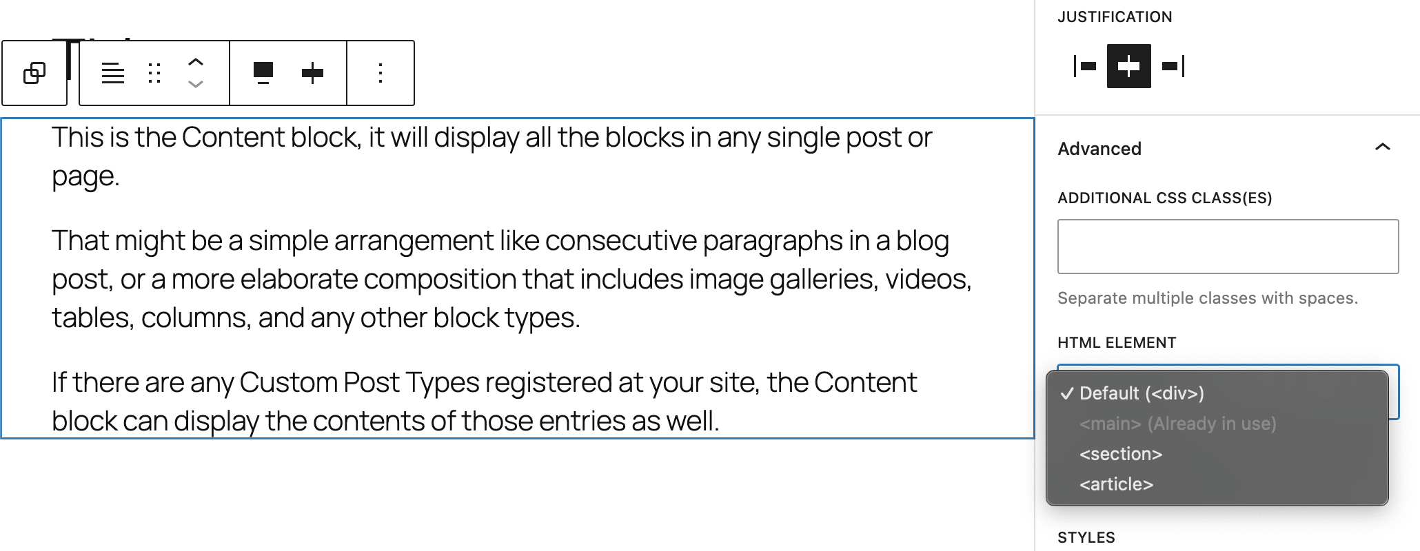 Opzione elemento HTML per il blocco Contenuto del post