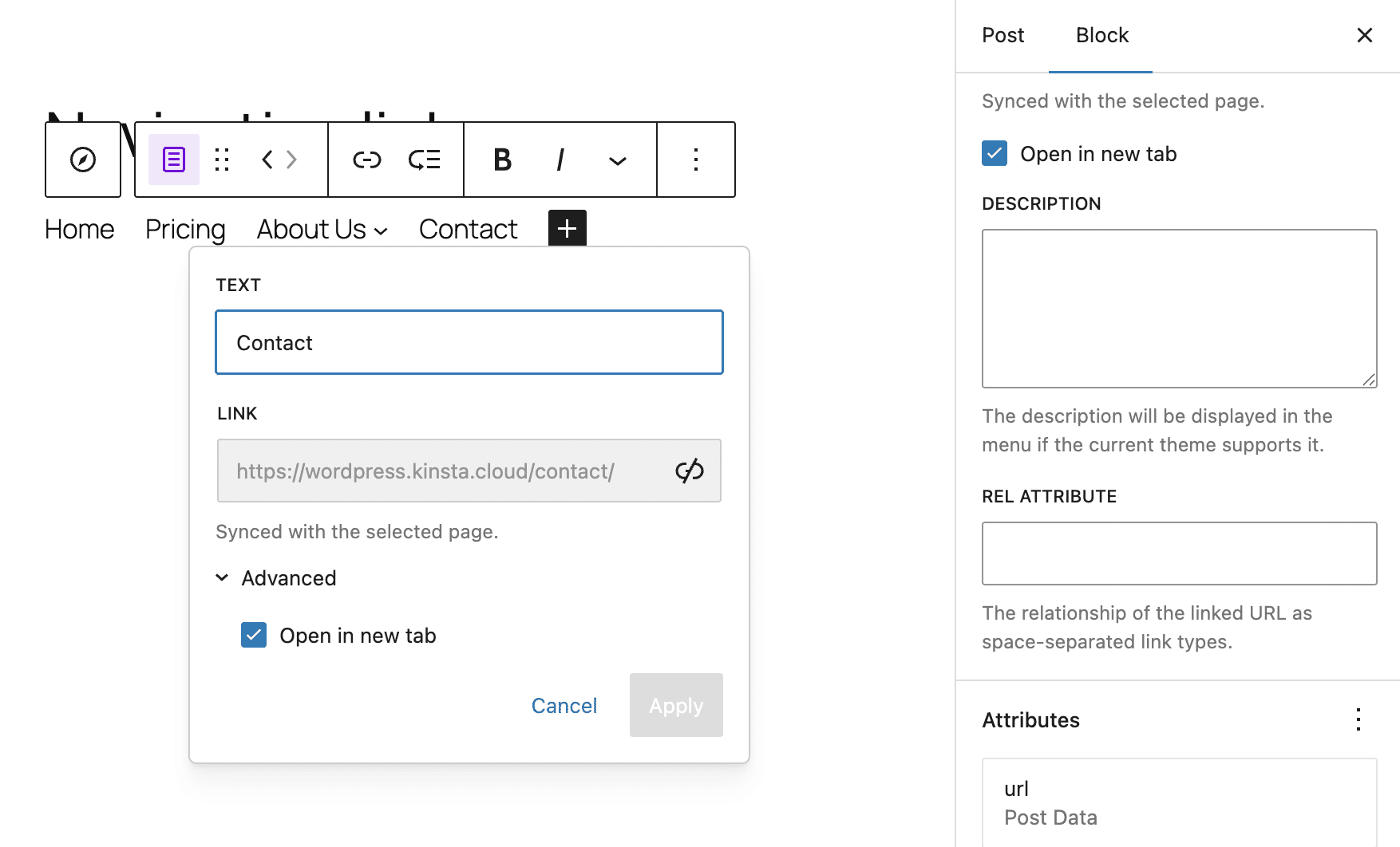 Opzione Apri in una nuova scheda nell'interfaccia utente del blocco Link di navigazione
