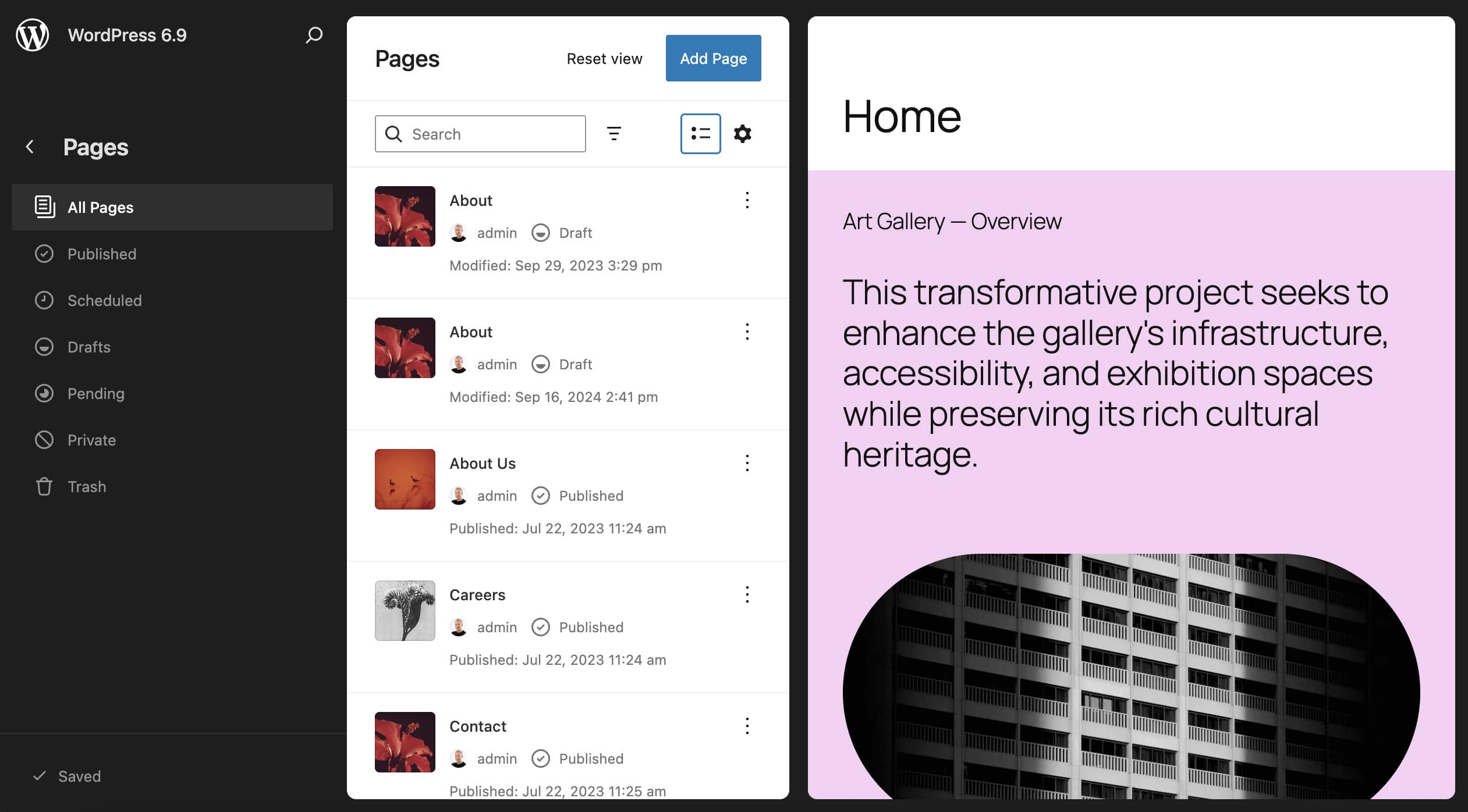 Sezione Pagine nel layout Elenco nell'Editor del sito