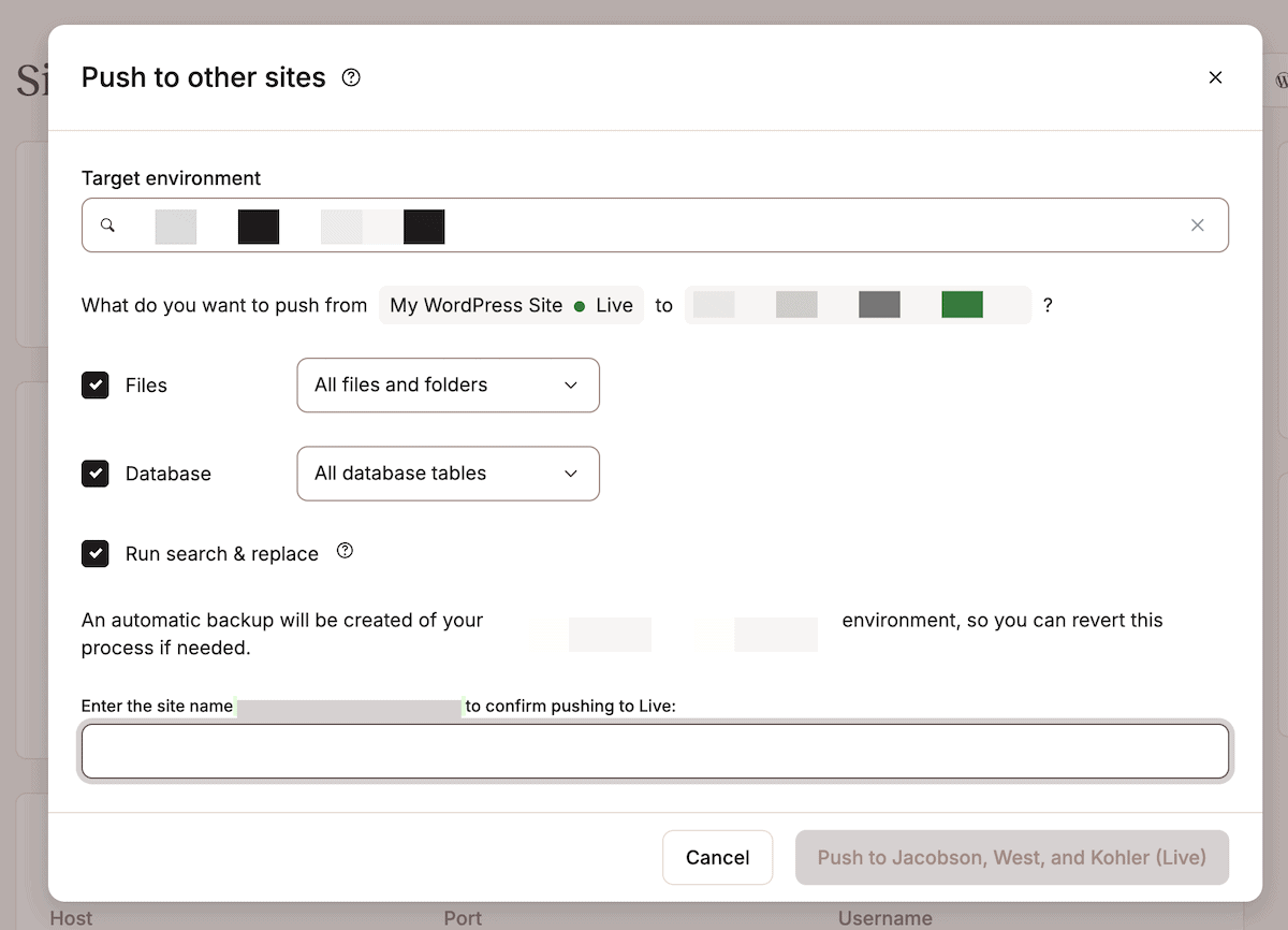 Das MyKinsta-Dashboard mit dem Bereich „Auf andere Websites übertragen“. Hier gibt's Felder für die Zielumgebung und Checkboxen, um Dateien, die Datenbank und eine Suchen-und-Ersetzen-Funktion zu übertragen.