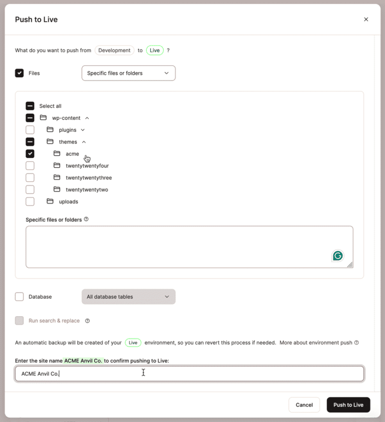 A interface Mover para Produção no MyKinsta.