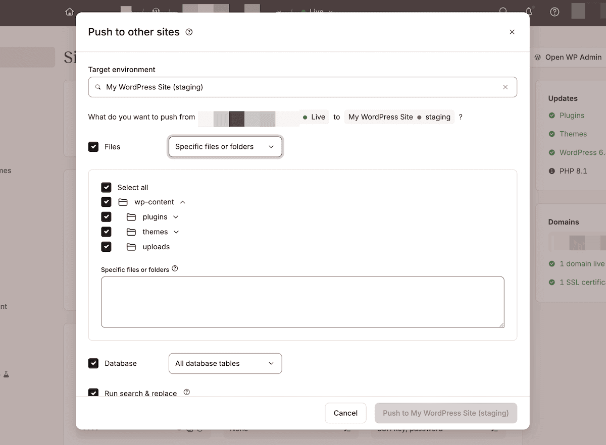 La interfaz de envío selectivo dentro de MyKinsta que muestra las opciones de despliegue.