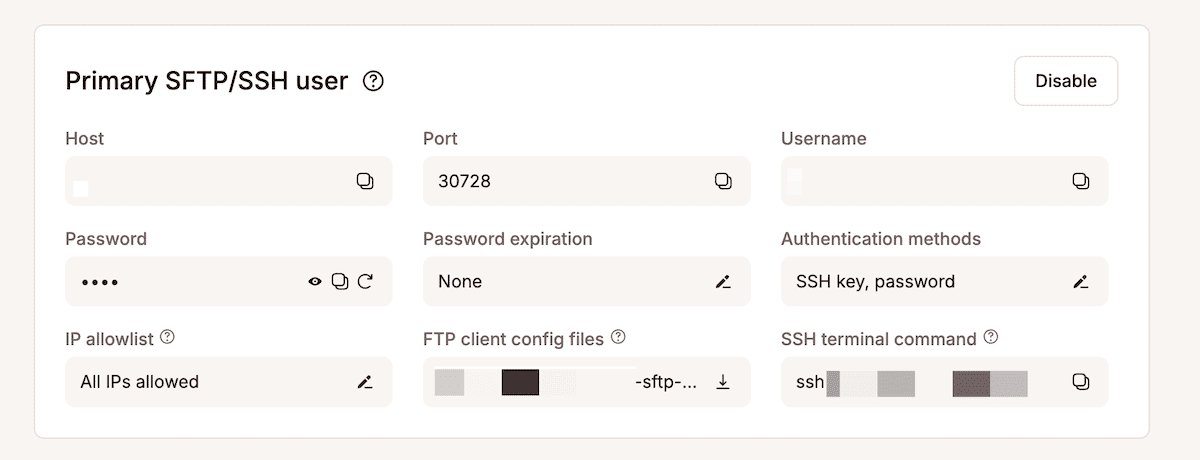 El panel de usuario SFTP/SSH principal dentro de MyKinsta.