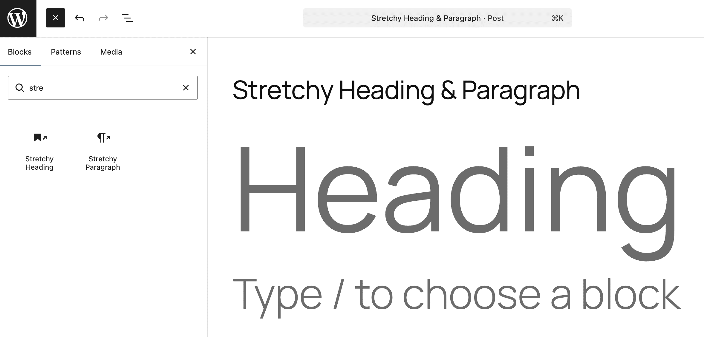 Variazioni dei blocchi Stretchy Heading e Stretchy Paragraph