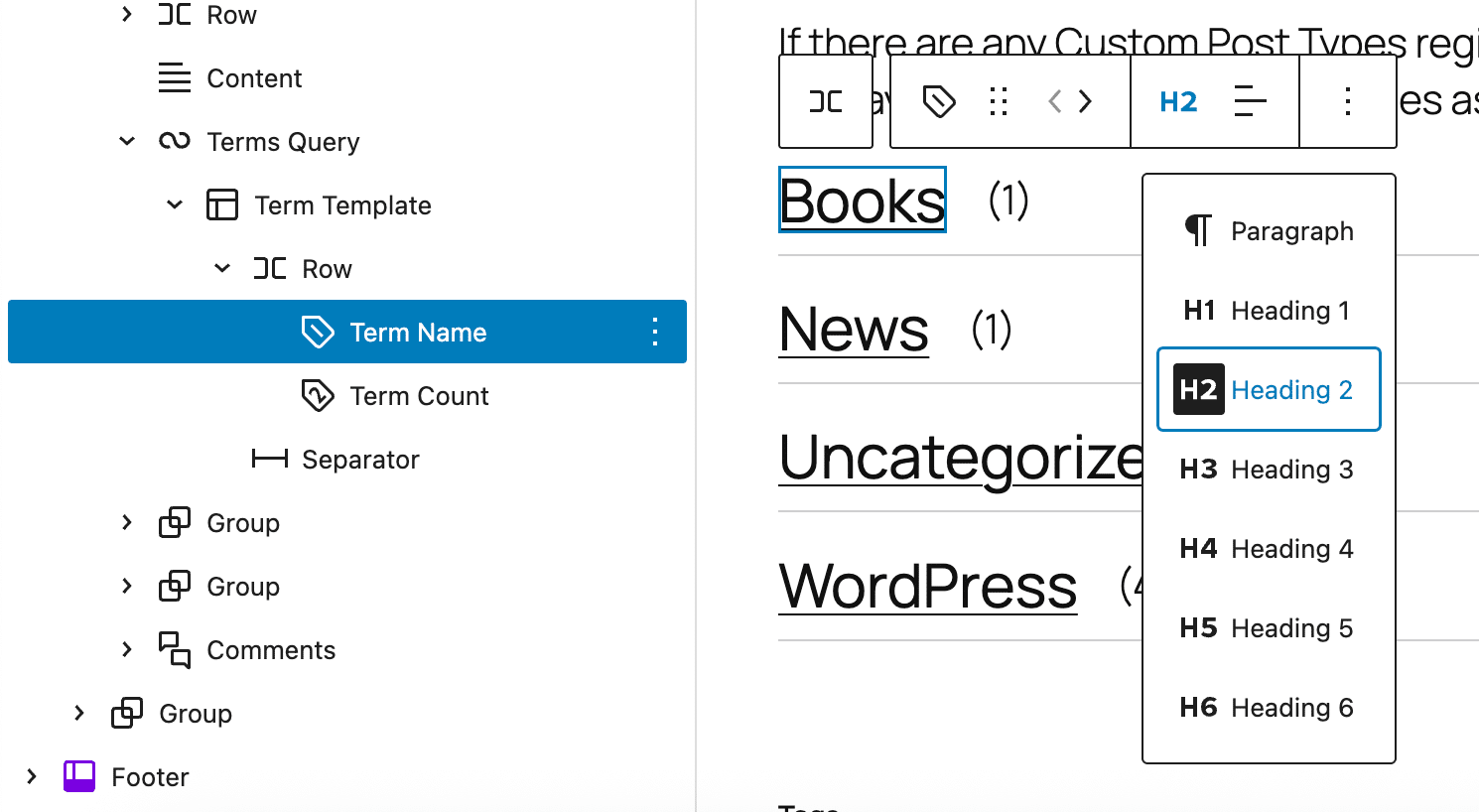 Personalizzazione del blocco Terms Query