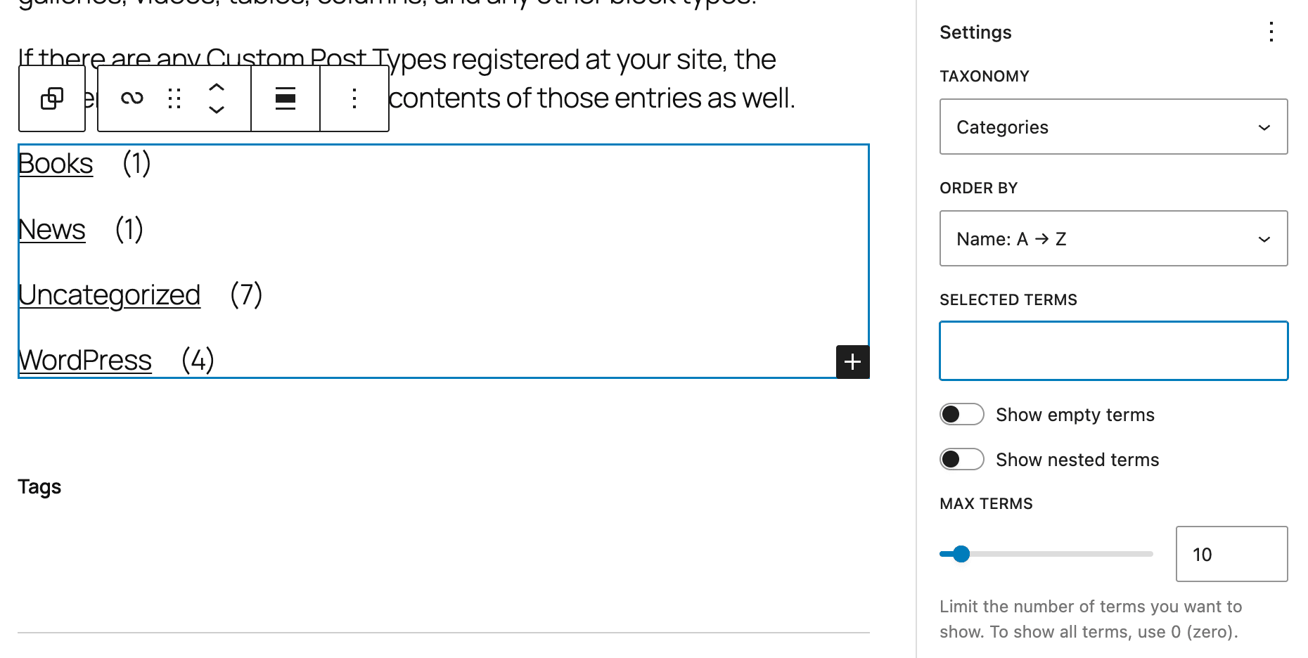 Impostazioni del blocco Terms Query