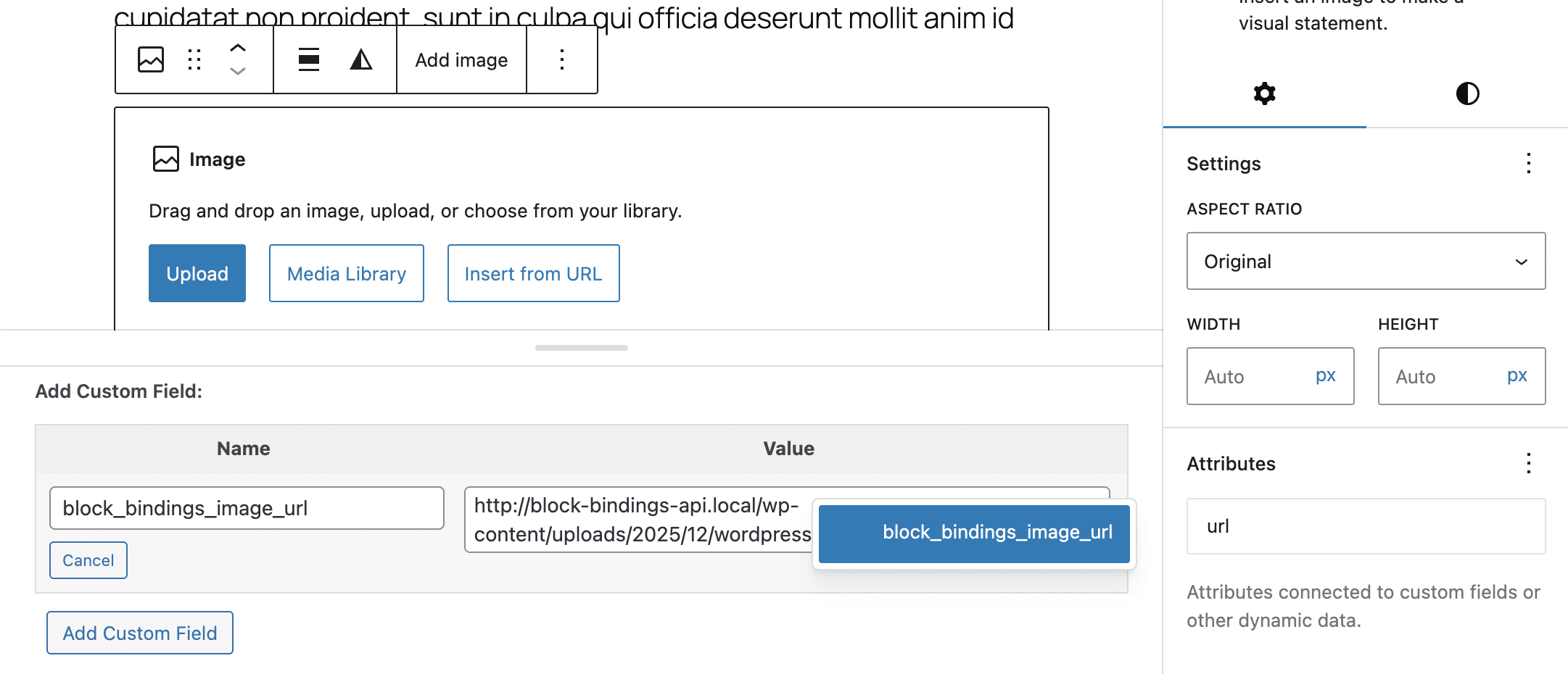 Block Bindings UIで画像ブロックのurl属性にカスタムフィールドを接続