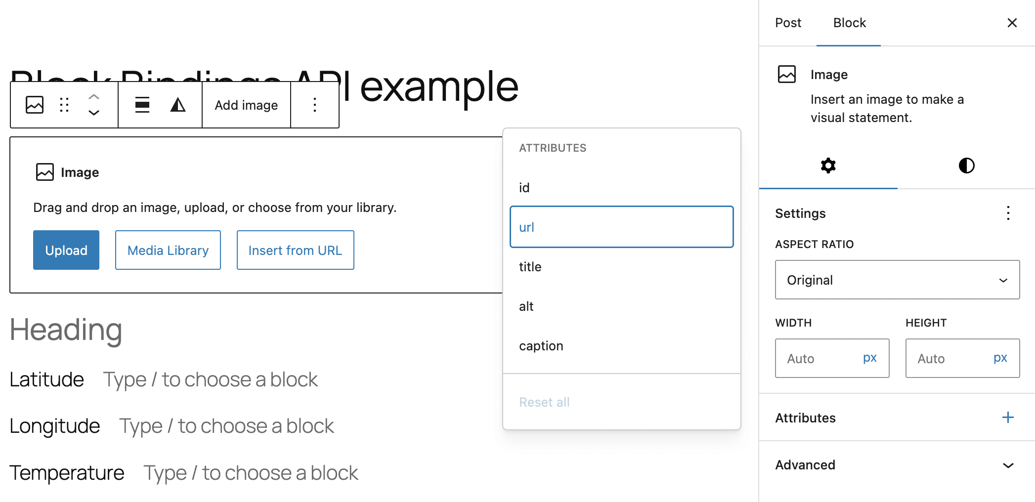Block Binding APIをサポートする画像ブロックの属性