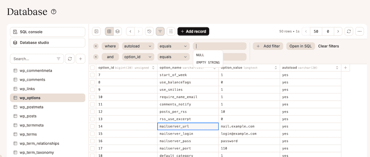 Un ejemplo de Database Studio que muestra los filtros establecidos en una tabla de base de datos.