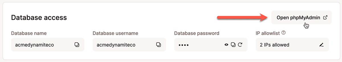 PhpMyAdmin-Datenbankzugriff mit einem Klick in MyKinsta