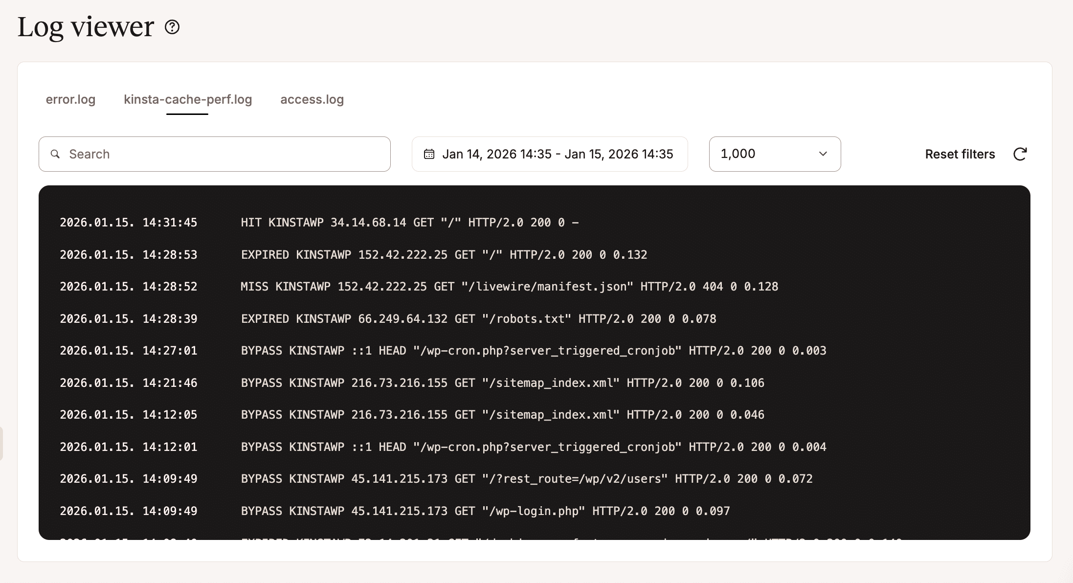 Registros de rendimiento de la caché en MyKinsta