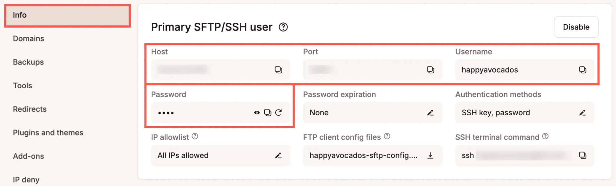 Détails de l'utilisateur SSH/SFTP affichés dans MyKinsta.