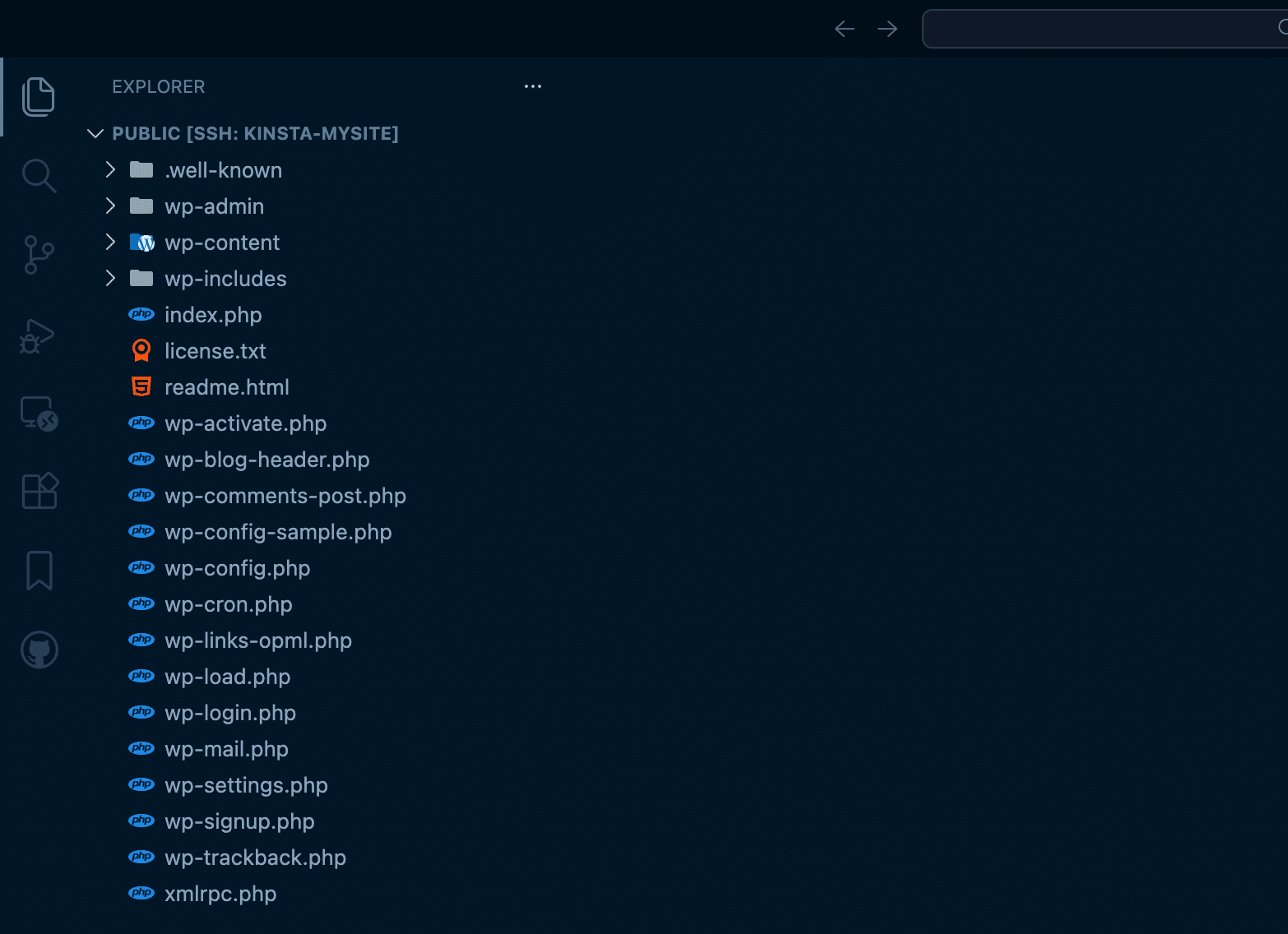 Fichiers distants d'un serveur WordPress.