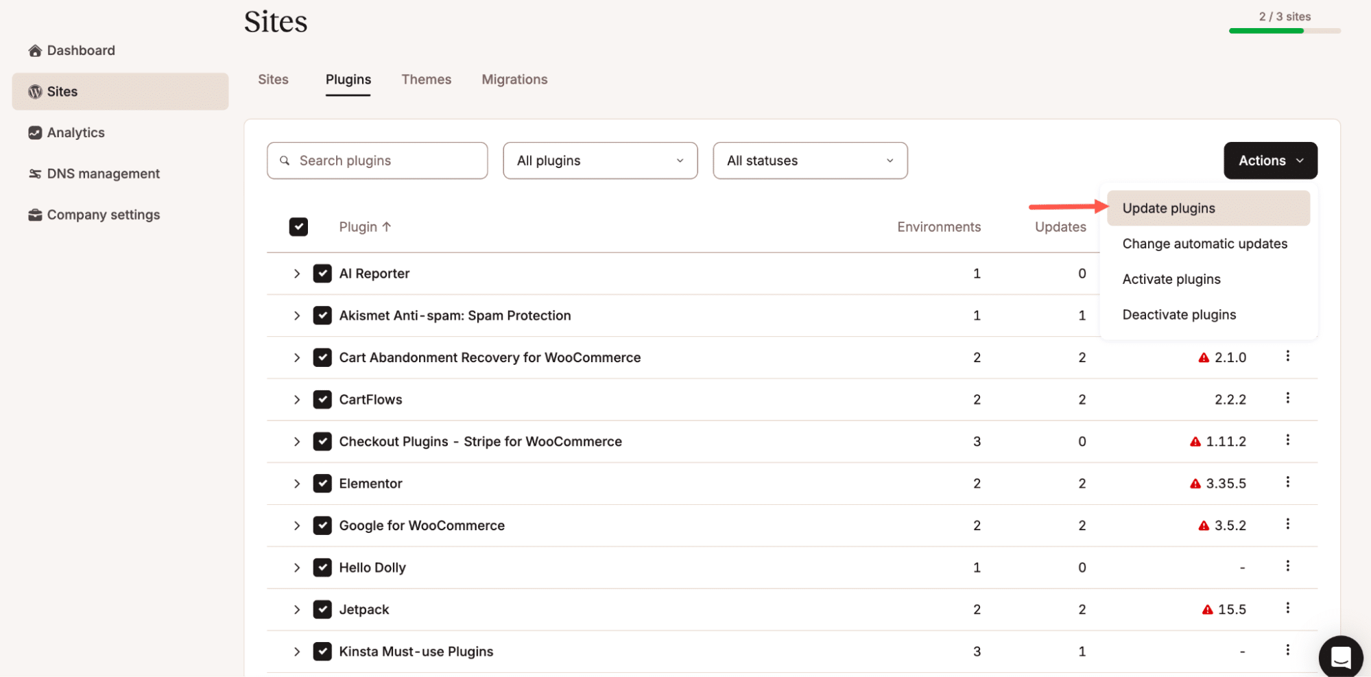 Plugin de actualización en lote en MyKinsta.