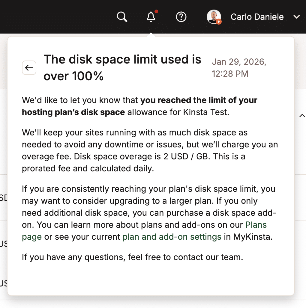 Notificação de espaço em disco no MyKinsta