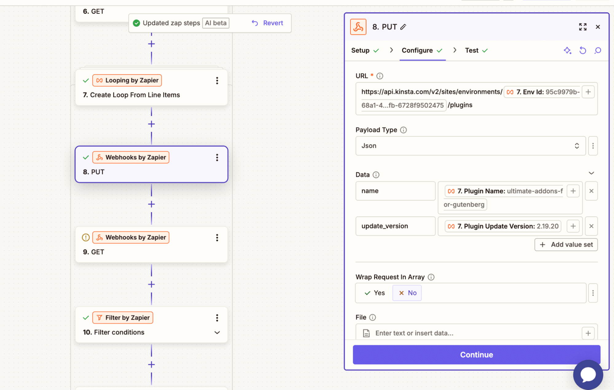 Flujo de trabajo de Zap con la API de Kinsta.