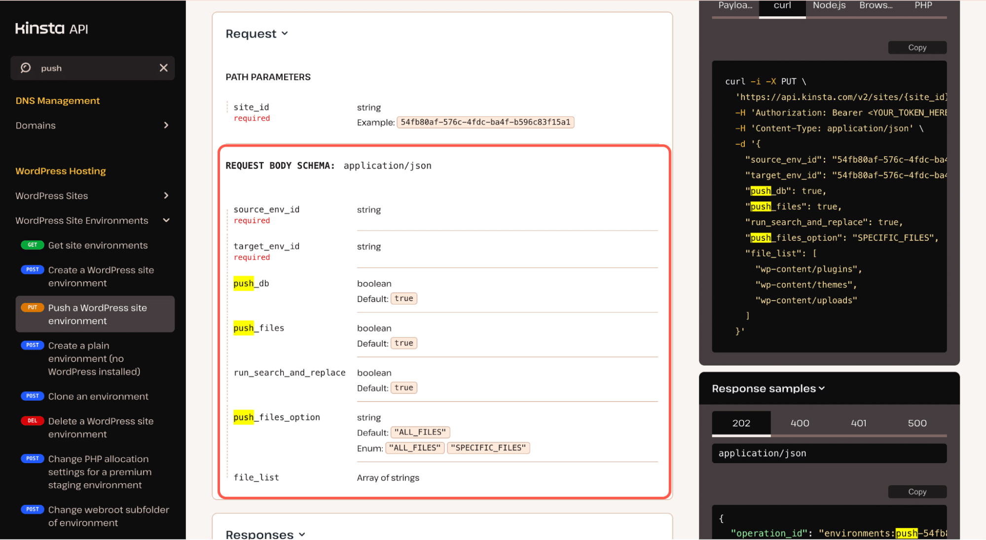 Envía el entorno a la API de Kinsta.