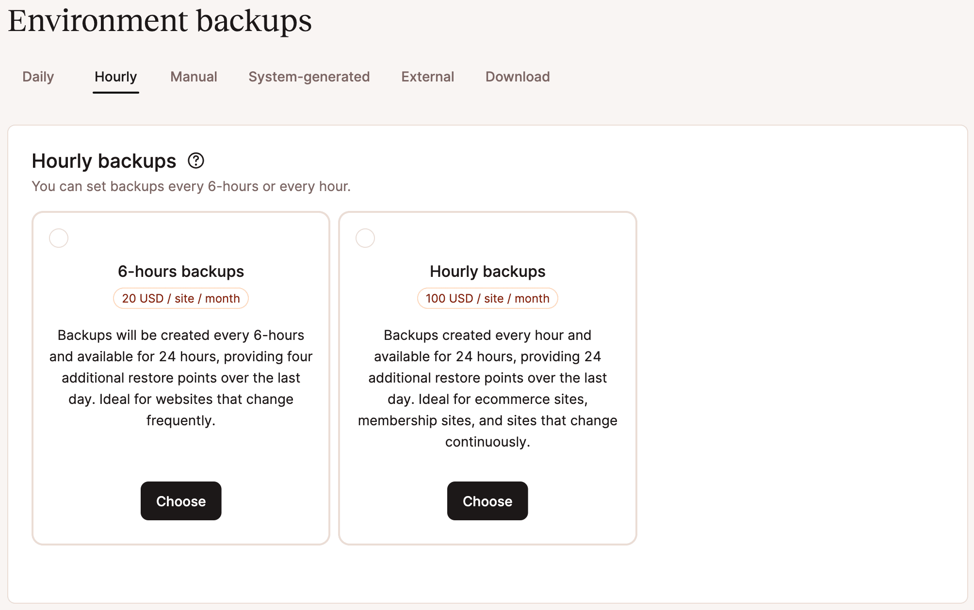 A screenshot showing the selection of backup types in MyKinsta.