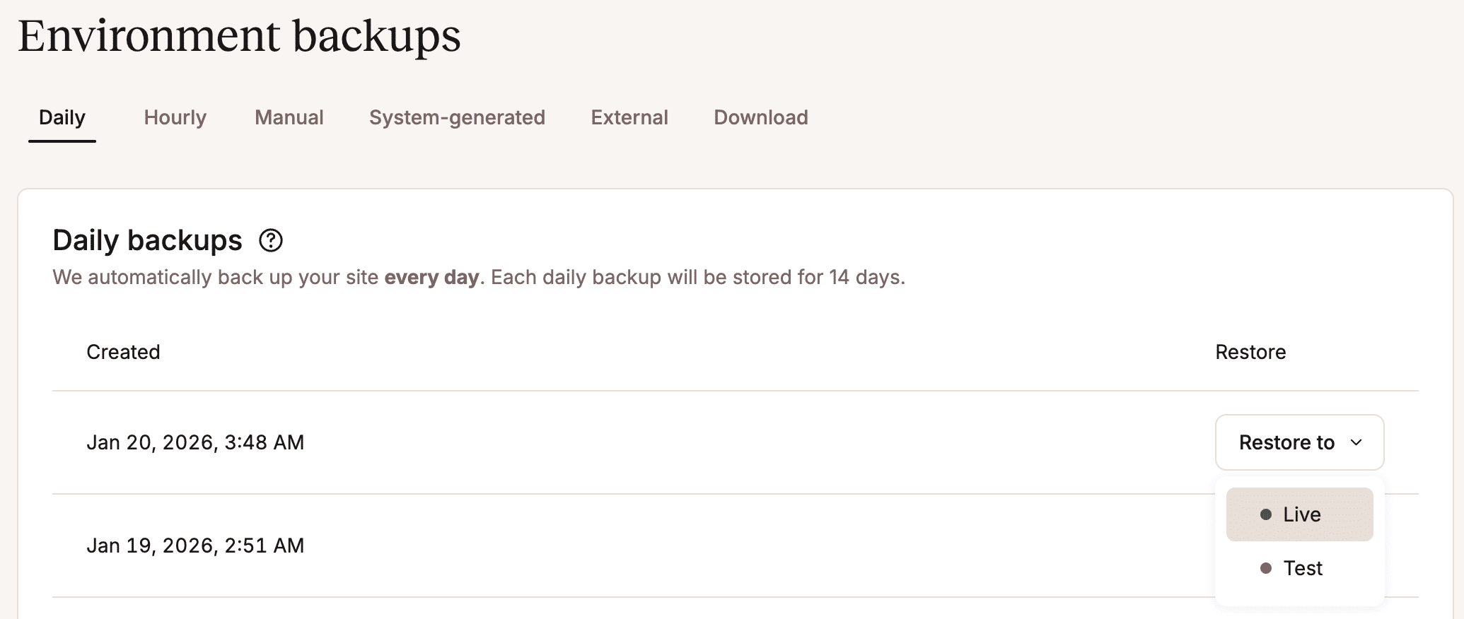 A screenshot of the backup restoration dialog in MyKinsta.