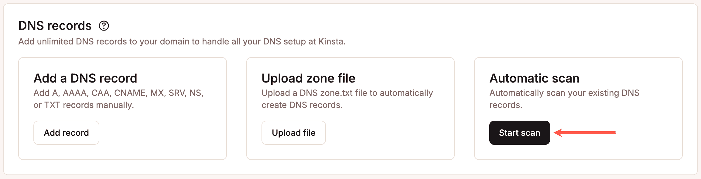 Voer een automatische scan uit voor DNS-records binnen MyKinsta.