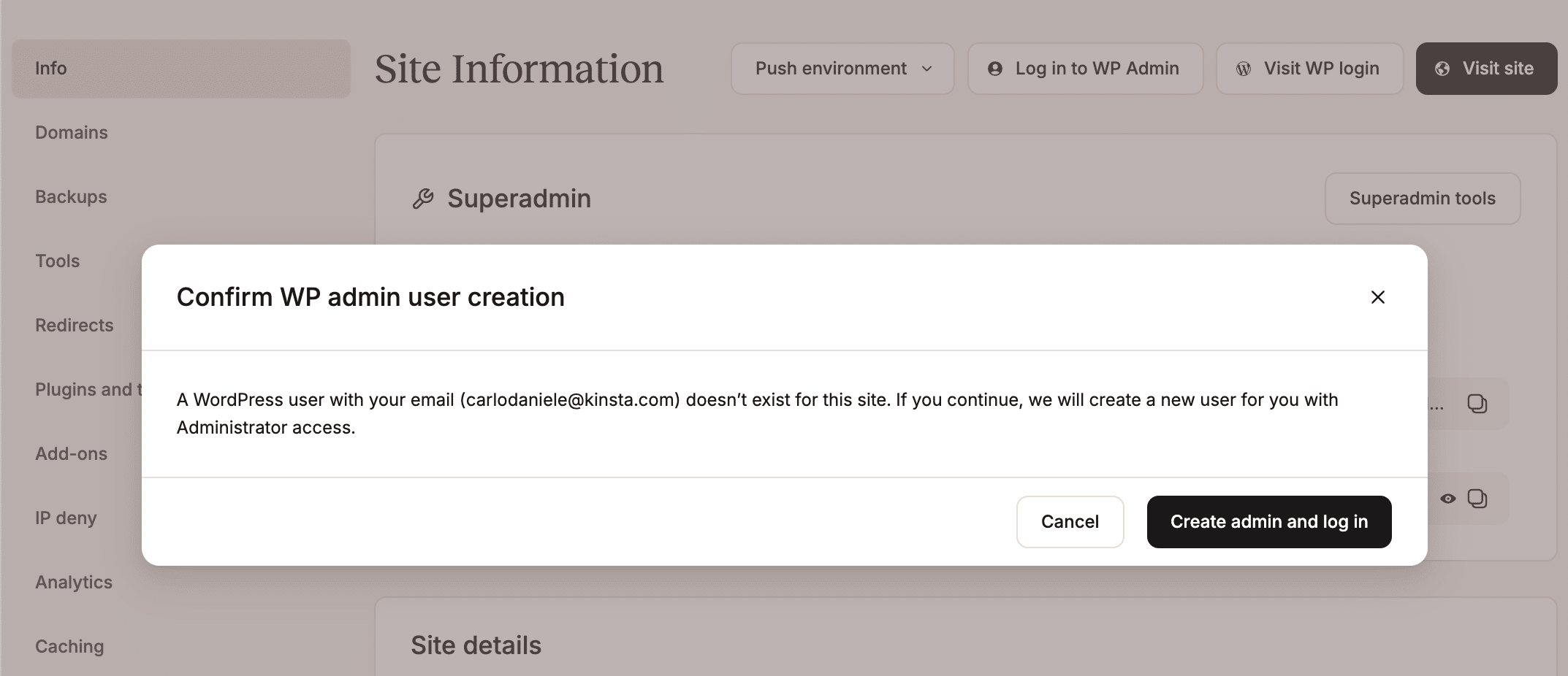 Crea un nuevo inicio de sesión de WP Admin en MyKinsta.