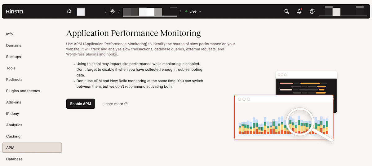 De interface van Kinsta’s APM-tool in het MyKinsta-dashboard met de knop APM inschakelen en bijbehorende visuals.
