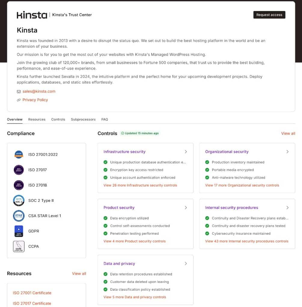 Il Kinsta Trust Center offre informazioni trasparenti sulla piattaforma Kinsta.