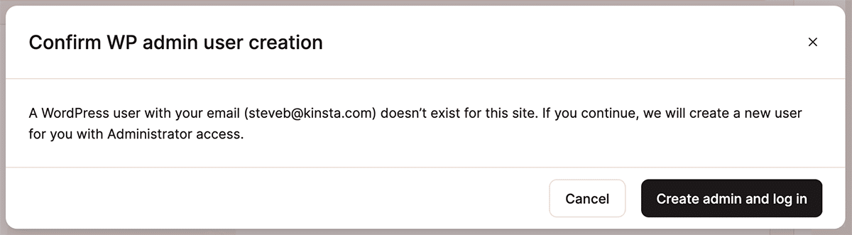 A screenshot of the confirmation dialog for creating a auto-login user account in WordPress via MyKinsta.