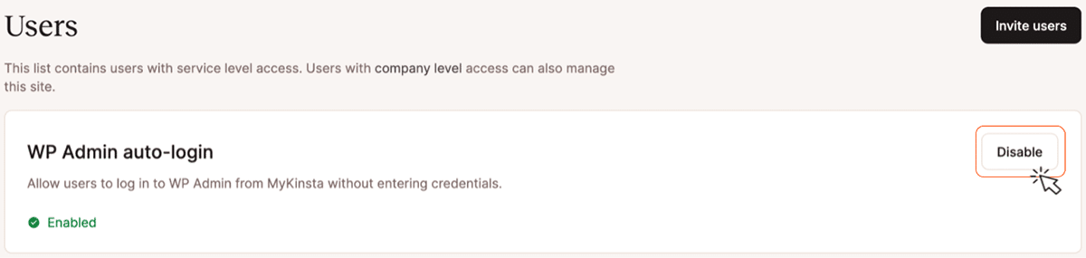 A screenshot of the dialog in MyKinsta used to enable or disable auto-login to WordPress Admin.