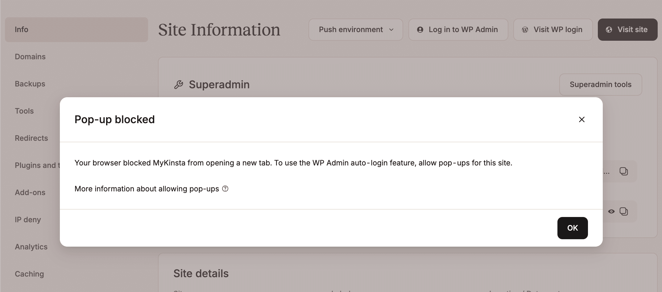 Ventana emergente bloqueada en MyKinsta.